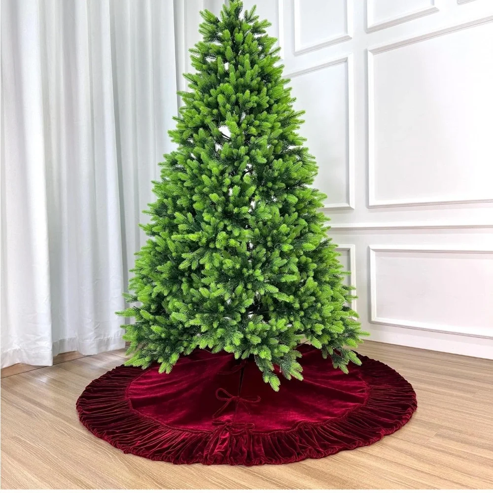60-Inch Ruffled Velvet Christmas Tree Skirt Foam Padding Tie Closure Burgundy - Picture 7 of 9